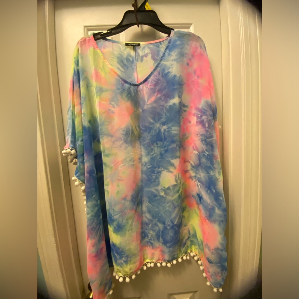 Colorful Tie-Dye Poncho with Pom-Poms Cover up